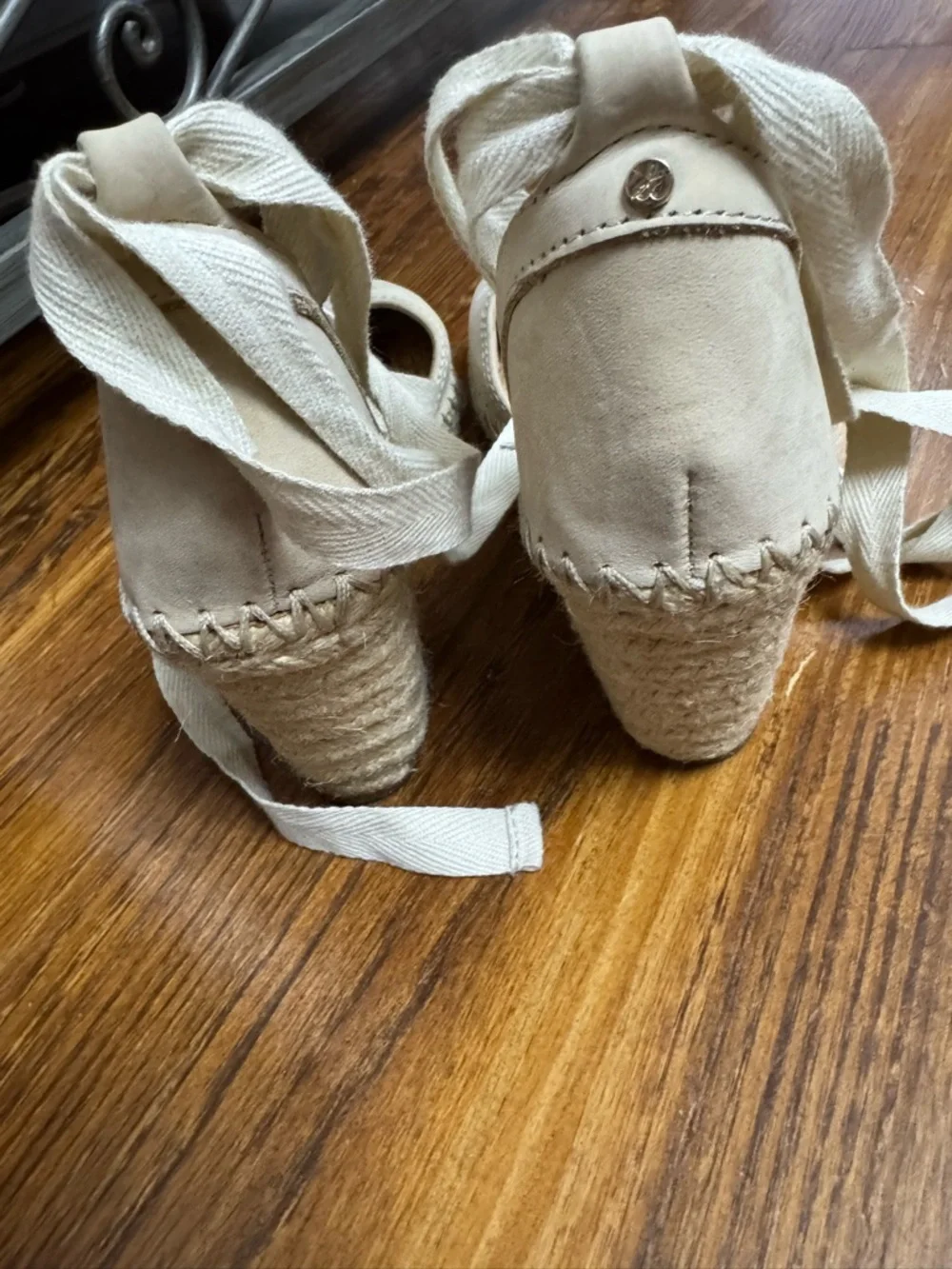 Sam Edelman Leather Beige Espadrille Wedge Sandals with Ankle Ties - Picture 5 of 6